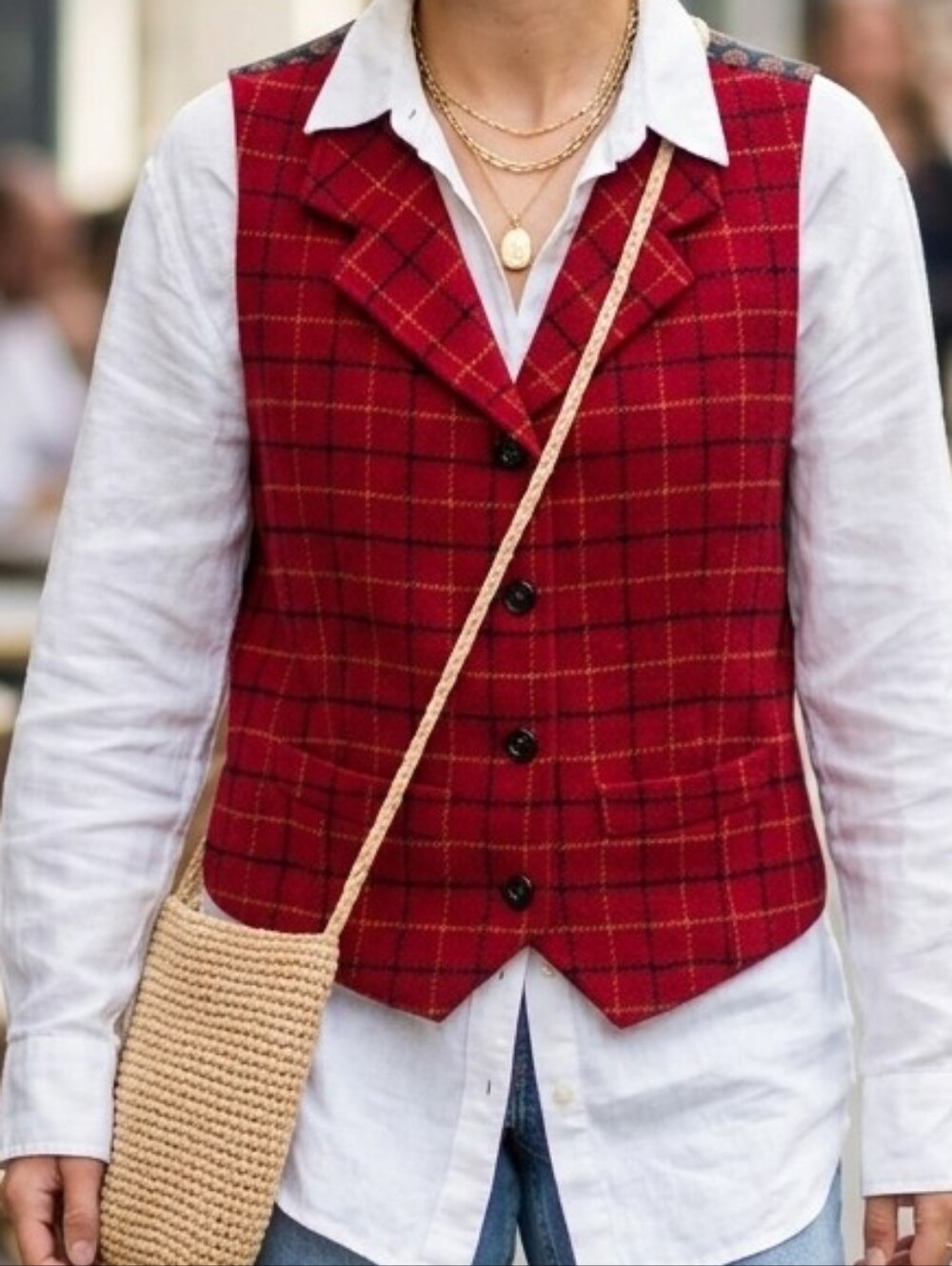 NWT Vintage GAP Plaid Wool Blend Vest Medium Red Black Grid Lapel Medallion Back